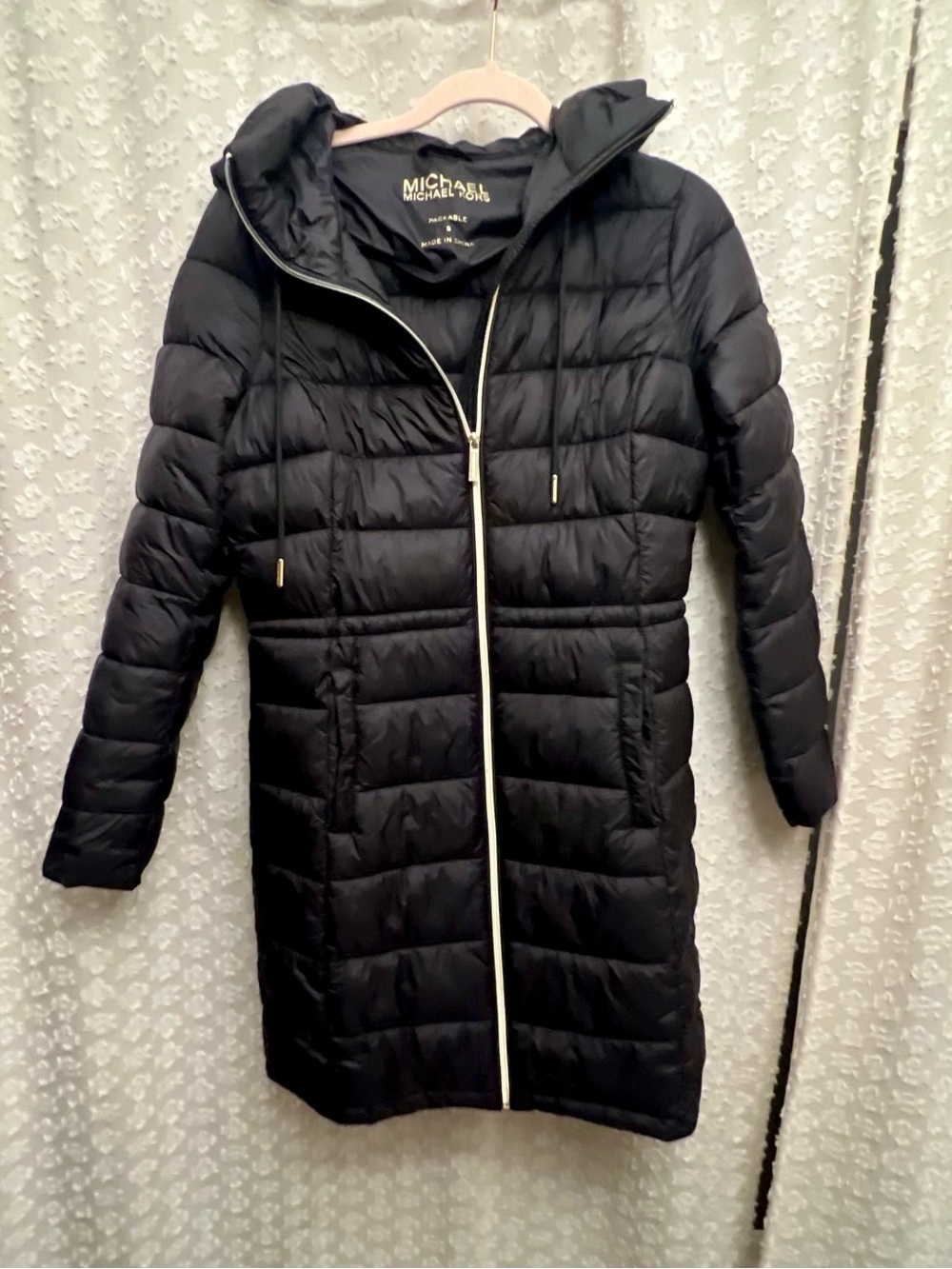 Michael Kors Small Black Long Quilted Hooded Packable Down Puffer Coat